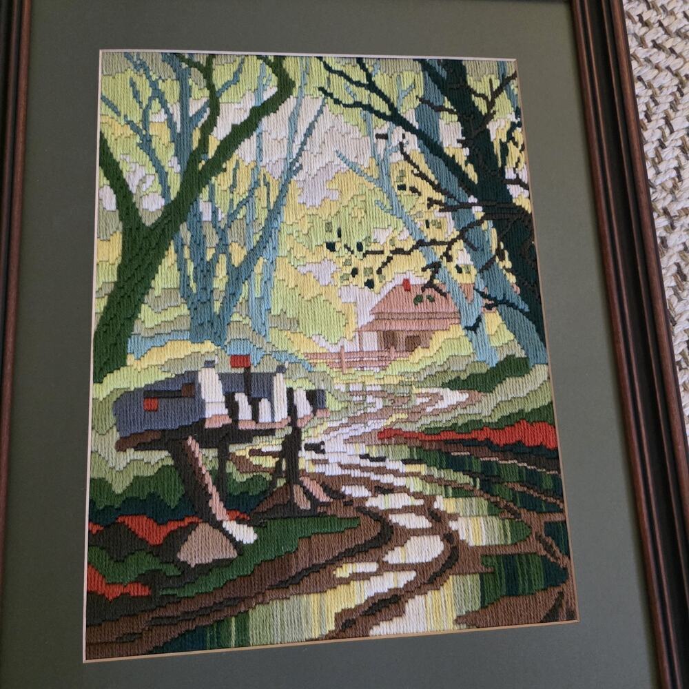 Finished Framed Long Stitch Needlepoint‎ Picture Wood Matte Green Forest - Picture 3 of 16